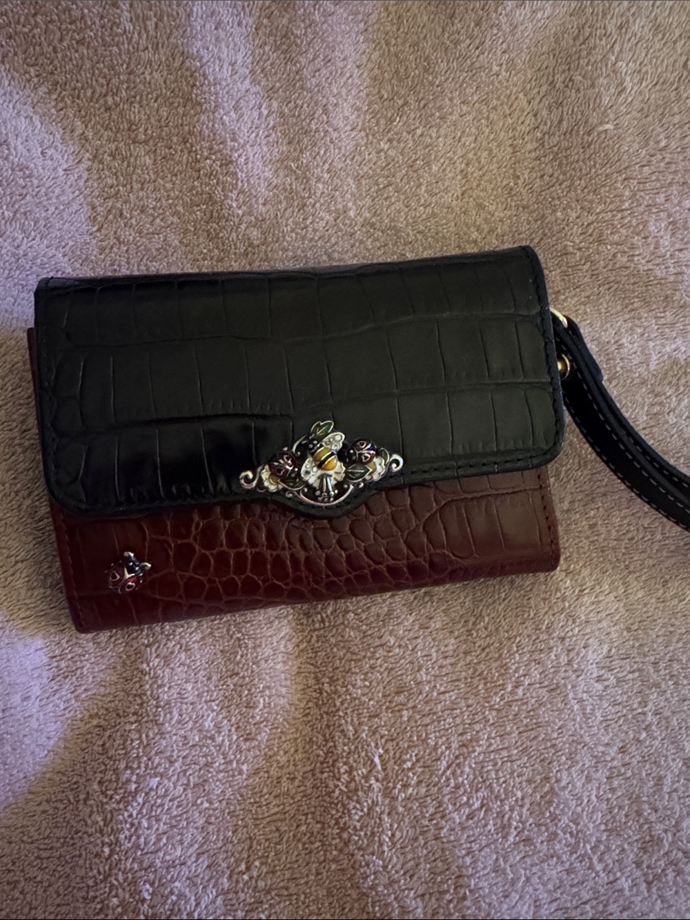 Women's Brighton Black and Brown Croc-Embossed Wristlet Wallet